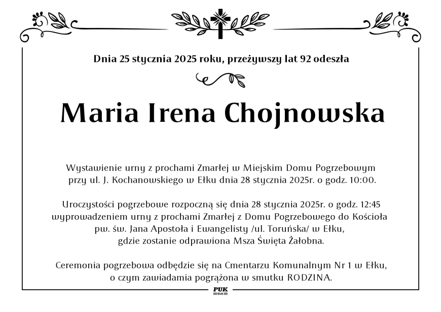 Maria Irena Chojnowska - nekrolog